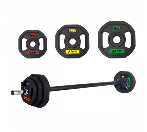 Комплект Smith PXPMS 05 - гимнастическая штанга 20кг: гриф с пружинным замком; 2х5кг полеуретановый диск; 2x2.5кг полеуретановый диск; 2x1.25кг полеуретановый диск